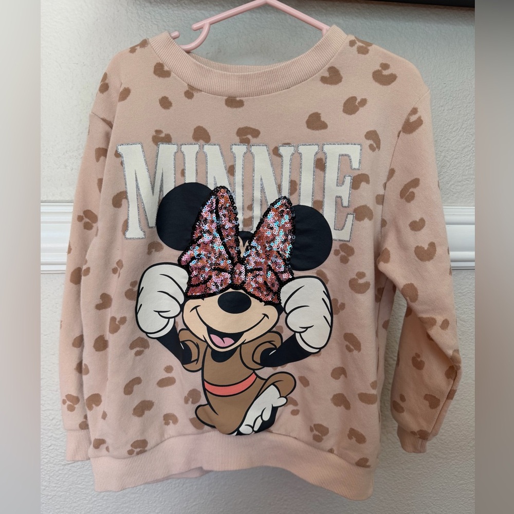 H&M x Disney Minnie Mouse Kids Leopard Print Sweatshirt with Pink Sequins Bow